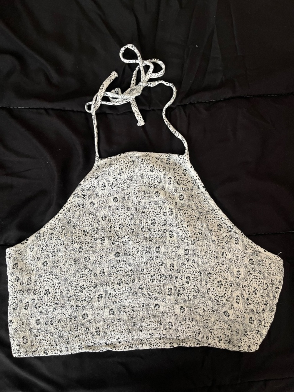 Hollister White and Black Printed Smocked Halter Crop Top